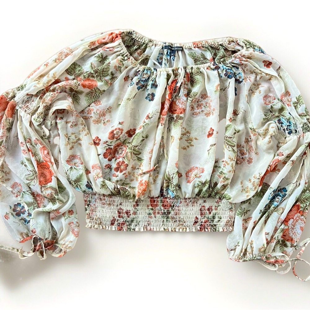River Island Peasant Blouse Women 16 Beige Floral Fairy Cottagecore Boho Hippie‌